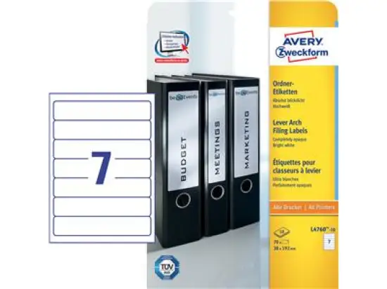 Ordner-Rückenschild Etiketten Avery Zweckform L4760-10 192 x 38 mm schmal kurz weiß, Inkjet Laser Kopierer, Pack 70 Stk/10 Blatt