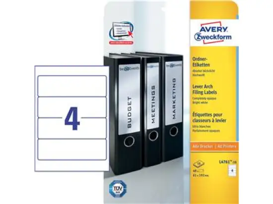 Ordner-Rückenschild Etiketten Avery Zweckform L4761-10 192 x 61mm schmal kurz weiß, Inkjet Laser Kopierer, Pack 40 Stk/10 Blatt
