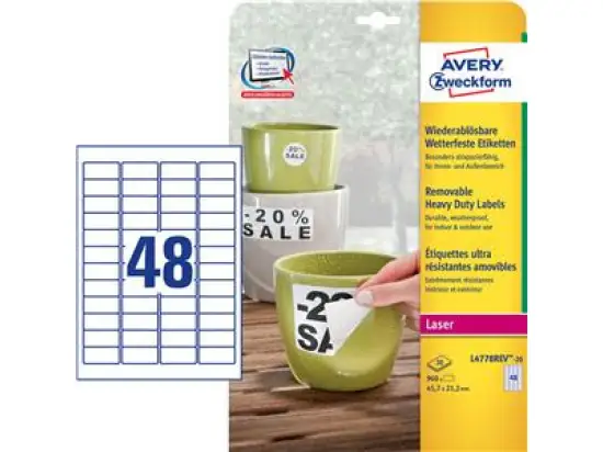 Etiketten Avery Zweckform L4778REV-20 45,7 x 21,2 mm weiß wetterfest wiederablösbar, Laser, Pack 960 Stk/20 Blatt