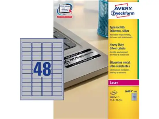 Typenschild-Etiketten Avery Zweckform L6009-100 45,7 x 21,2 mm Folie silber, Pack 4800 Stk/100 Blatt