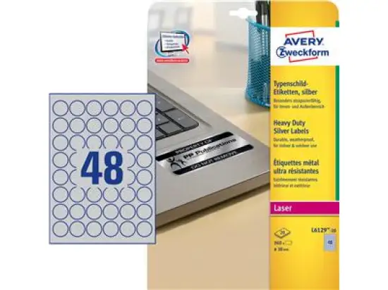 Typenschild-Etiketten Avery Zweckform L6129-20 Ø 30 mm rund, Folie, silber, Laser, Pack 800 Stk/20 Blatt