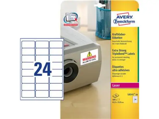 Etiketten Avery Zweckform L6141-20 63,5 x 33,9 mm weiß Kraftkleber, Laser, Pack 480 Stk/20 Blatt