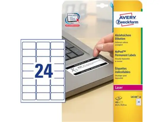 Etiketten Avery Zweckform L6146-20 63,5 x 33,9 mm weiß Sicherheit, Laser, Pack 480 Stk/20 Blatt