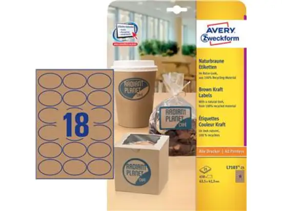 Etiketten Avery Zweckform L7103-25 63,5 x 42,3 mm oval, naturbraun, selbstklebend, Inkjet Laser Kopierer, Pack 450 Stk/25 Blatt
