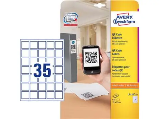 QR-Code-Etiketten Avery Zweckform L7120-25 35 x 35 mm blickdicht, Inkjet Laser Kopierer, Pack 875 Stk/25 Blatt