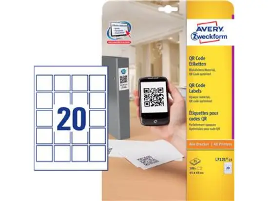 QR-Code-Etiketten Avery Zweckform L7121-25 45 x 45 mm, weiß, blickdicht, selbstklebend, Inkjet Laser Kopierer, Pack 500 Stk/25 Blatt