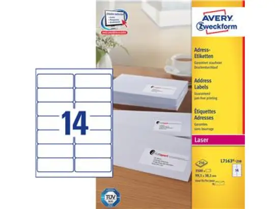Adressetiketten Avery Zweckform L7163-250 99,1 x 38,1 mm weiß, selbstklebend, Laser, Pack 3500 Stk/250 Blatt