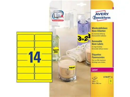 Etiketten Avery Zweckform L7263Y-25 99,1 x 38,1 mm neon-gelb wiederablösbar, Laser, Pack 350 Stk/25 Blatt