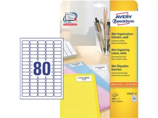 Etiketten Avery Zweckform L7632-25 35,6 x 16,9 mm weiß, Inkjet Laser Kopierer, Pack 2000 Stk/25 Blatt