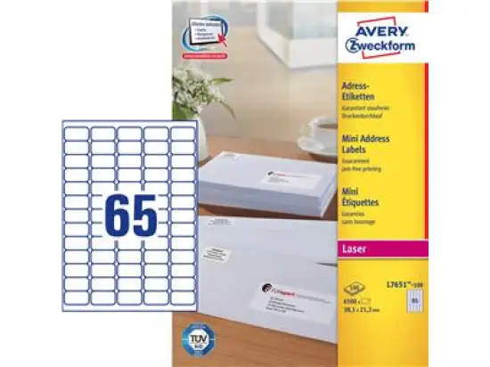 Mini-Etiketten Avery Zweckform L7651-100 38,1 x 21,2 mm weiß, Inkjet Laser Kopierer, Pack 6500 Stk/100 Blatt