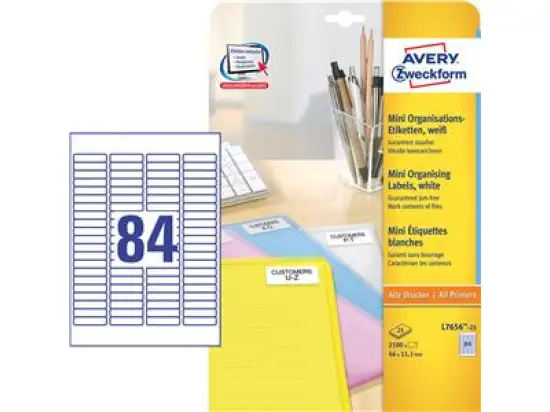 Etiketten Avery Zweckform L7656-25 46 x 11,1 mm weiß, Inkjet Laser Kopierer, Pack 2100 Stk/25 Blatt