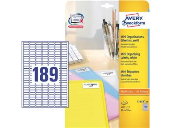 Mini-Etiketten Avery Zweckform L7658-25 25,4 x 10 mm weiß, Pack 4725 Stk/25 Blatt