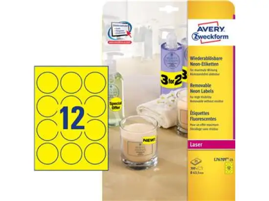 Etiketten Avery Zweckform L7670Y-25 Ø 63,5 mm rund, selbstklebend, wiederablösbar, gelb-neon, Laser, Pack 300 Stk/25 Blatt