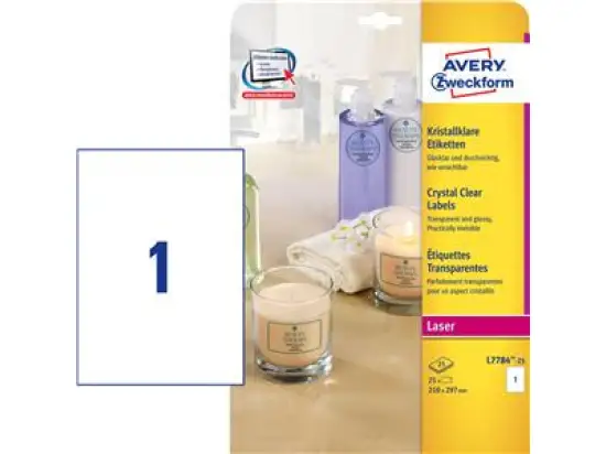 Etiketten Avery Zweckform L7784-25 210 x 297 mm A4 transparent kristallklar, Pack 25 Stk/25 Blatt