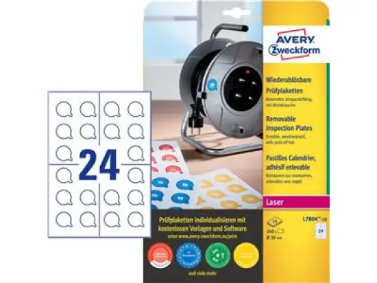 Prüfplaketten Avery Zweckform L7804-10 wiederablösbar Ø30mm weiß, Pack 240 Stk/10 Blatt