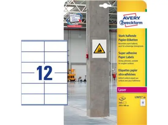 Etiketten Avery Zweckform L7875-20 105 x 48 mm stark haftend, Inkjet Laser Kopierer, Pack 240 Stk/ 20 Blatt