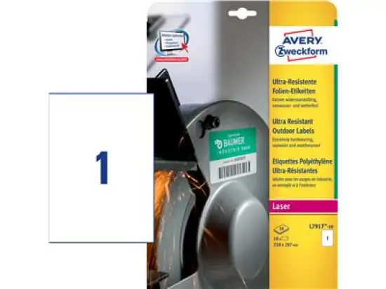 Etiketten Avery Zweckform L7917-10 210 x 297 mm A4 weiß Folie ultraresistent, Laser, Pack 10 Stk/10 Blatt