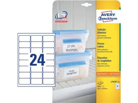 Tiefkühl-Etiketten Avery Zweckform L7970-25 63,5 x 33,9 mm weiß, Inkjet Laser Kopierer, Pack 600 Stk/25 Blatt