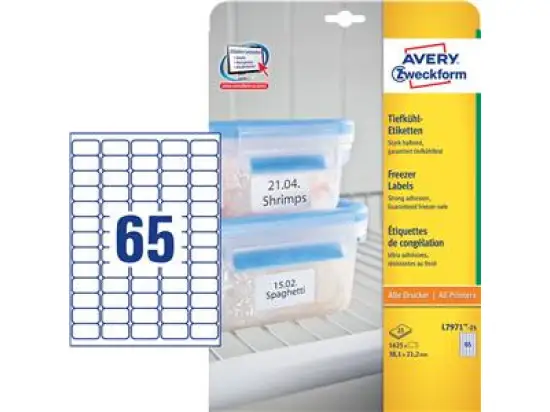 Tiefkühl-Etiketten Avery Zweckform L7971-25 38,1 x 21,2 mm weiß, Inkjet Laser Kopierer, Pack 1625 Stk/25 Blatt