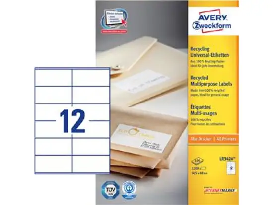 Etiketten Avery Zweckform LR3424 Recycling 105 x 48 mm weiß, Inkjet Laser Kopierer, Pack 1200 Stk/100 Blatt