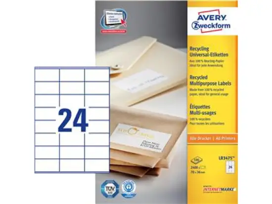 Etiketten Avery Zweckform LR3475 Recycling 70 x 36 mm weiß, Inkjet Laser Kopierer, Pack 2400 Stk/100 Blatt