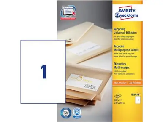 Etiketten Avery Zweckform LR3478 Recycling 210 x 297 mm A4, weiß, Inkjet Laser Kopierer, Pack 100 Stk/100 Blatt