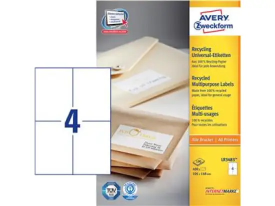 Etiketten Avery Zweckform LR3483 Recycling 105 x 148 mm weiß, Inkjet Laser Kopierer, Pack 400 Stk/100 Blatt