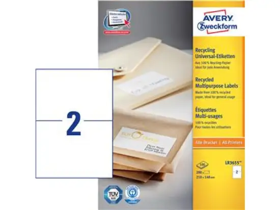 Etiketten Avery Zweckform LR3655 Recycling 210 x 148 mm weiß, Inkjet Laser Kopierer, Pack 200 Stk/100 Blatt