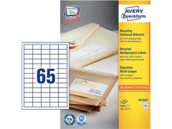Etiketten Avery Zweckform LR3666 Recycling 38 x 21,2 mm weiß, Inkjet Laser Kopierer, Pack 6500 Stk/100 Blatt