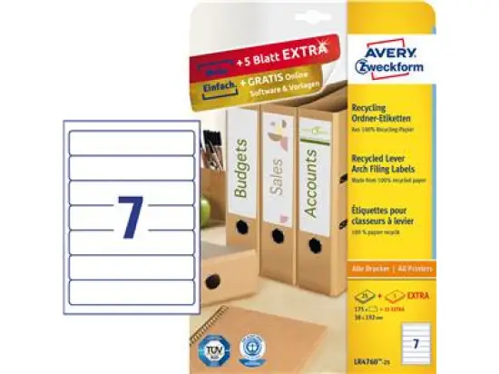 Ordner-Rückenschild Avery Zweckform LR4760-25 Recycling schmal/kurz 192x38mm, Inkjet Laser Kopierer, Pack 210 Stk/30 Blatt