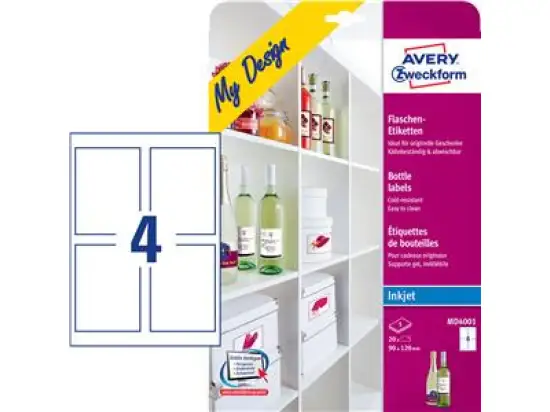 Flaschen-Etiketten Avery Zweckform MD4001 90 x 120 mm, glossy, weiß, Inkjet, Pack 20 Stk/5 Blatt