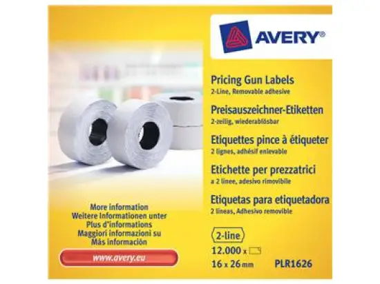 Auszeichnungsetiketten Avery Zweckform PLR1626 16 x 26 mm, 2-zeilig, weiß, selbstklebend, wiederablösbar, Pack 12000 Stk