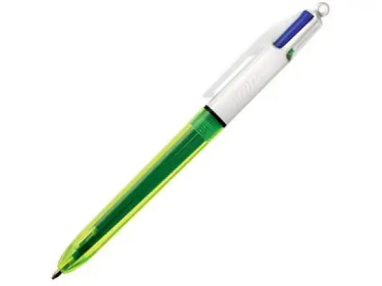 Vierfarb-Kugelschreiber Bic 933948 4 Colours Fluo 0,32mm/0,42mm, Druckmechanik, neongelb-transparent, Schreibfarben schwarz, rot, neongelb