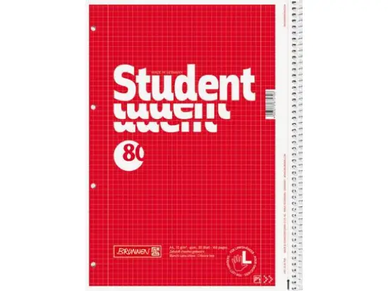 Collegeblock Brunnen 10-67908 1067908 Student A4 kariert 80 Blatt Lineatur 28 für Linkshänder 2 Randlinien, Pack 5 Stk