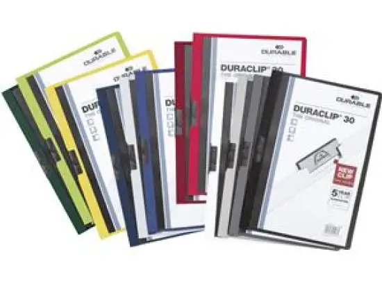 Klemmmappe Durable 2200-00 220000 Duraclip 30 sortiert für 30 Blatt A4 transparentes Deckblatt, Pack 25 Stk