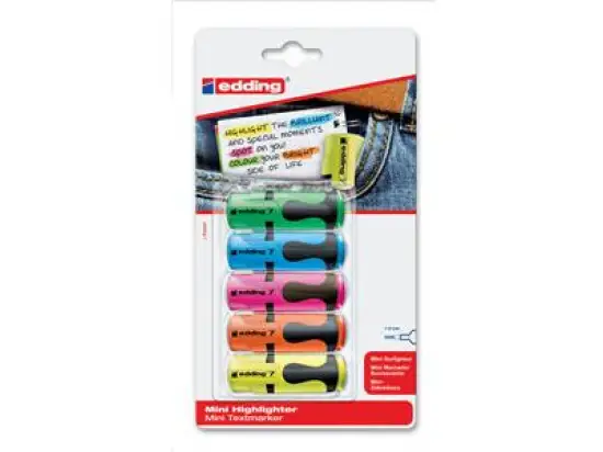 Textmarker Edding 7 4-7-5-1999 Mini, 1-3mm, Keilspitze, gelb, orange, rosa, hellblau, hellgrün, Pack 10 x Blister je 5 Stk