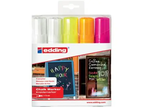 Kreidemarker Edding 4090 4-4090-5999 4-15mm, Keilspitze, 5er-Set, neongelb, neonorange, neonrosa, 2x weiß