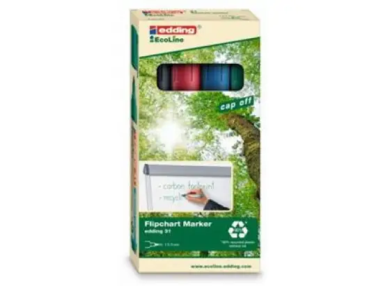 Flipchartmarker Edding 31 EcoLine 4-31-4 1,5-3mm, Rundspitze, 4er-Set, schwarz, rot, blau, grün
