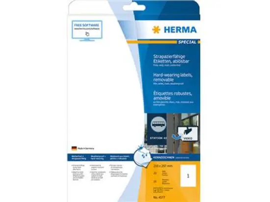 Etiketten Herma 4577 Special 210 x 297 mm weiß ablösbar Folie wetterfest, strapazierfähig, Laser, Pack 20 Stk