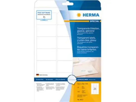 Etiketten Herma 8017 Special 63,5 x 38,1 mm transparent Folie wetterfest, Laser, Pack 525 Stk