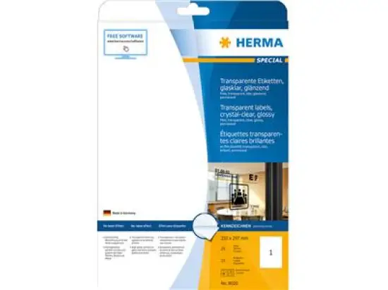 Etiketten Herma 8020 Special 210 x 297 mm A4, transparent Folie wetterfest, Laser, Pack 25 Stk