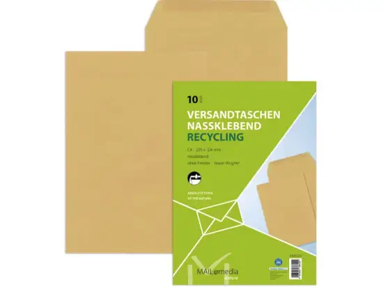 Versandtasche Mailmedia 30002510 388107 C4 ohne Fenster nassklebend braun 90g 229x324mm, Pack 10 Stk