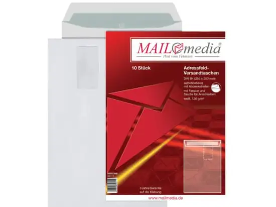 Versandtasche Mailmedia 30002546 396110 B4 mit Fenster haftklebend weiß 120g Adressfeldtaschen, Pack 10 Stk