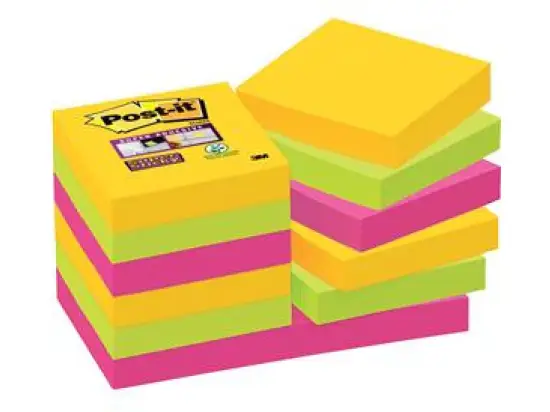 Haftnotiz Post-it 62212SR Super Sticky Notes, Rio 48x48mm sortiert 12 Blöcke á 90 Blatt, ultragelb, ultrapink, neongrün