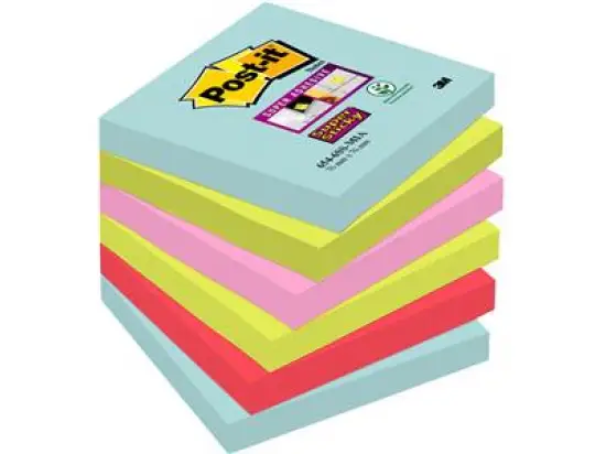 Haftnotiz Post-it 654-6SS-MIA Super Sticky Notes, Miami 76x76mm sortiert Block mit 90 Blatt, türkis, neongrün, neonpink, mohnrot, Pack 6 Stk