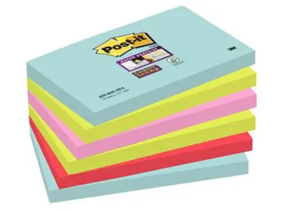 Haftnotiz Post-it 655-6SS-MIA Super Sticky Notes, Miami 127x76mm sortiert Block mit 90 Blatt, türkis, neongrün, neonpink, mohnrot, Pack 6 Stk