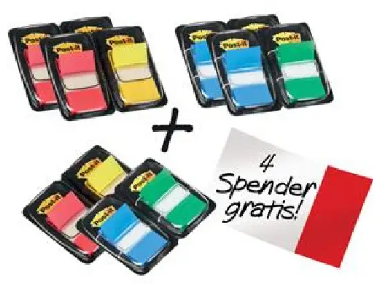 Haftstreifen Post-it 680-P12 Index 680 PROMO 25,4x43,2mm 2x50 Streifen im Doppelspender, farblich sortiert rot+gelb oder blau+grün, Pack 6 Stk