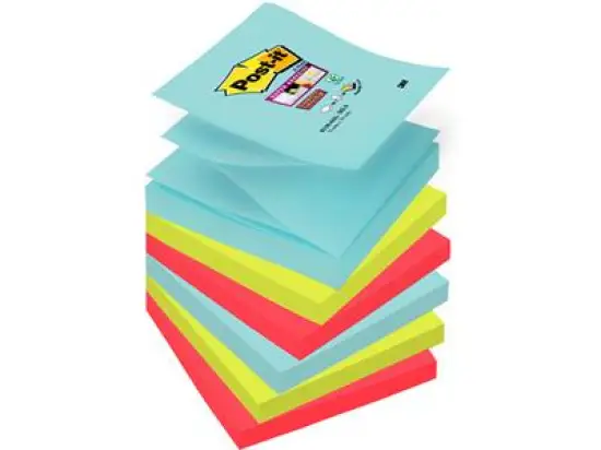 Haftnotiz Post-it R3306SMI Super Sticky Z-Notes, Miami 76x76mm 6 Blöcke á 90 Blatt sortiert, türkis, neongrün, mohnrot