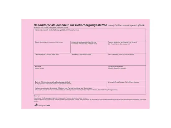 Meldeschein für Beherbergungsstätten RNK 1649 A5 alle Bundesländer, Pack 100 Blatt