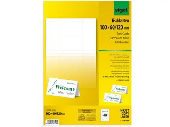 Tischkarten Sigel DP047 100x60mm 185g hochweiß, Pack 40 Stk